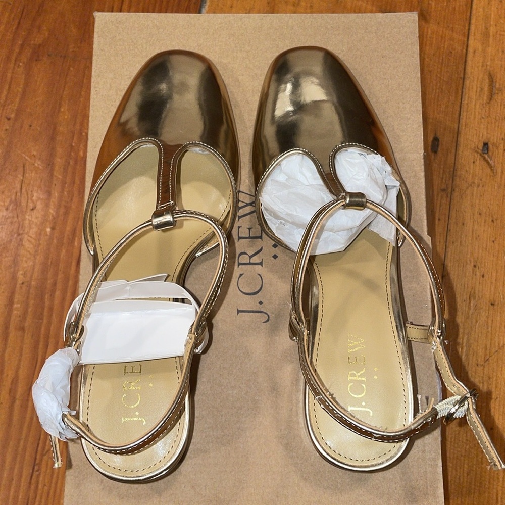Shoe J Crew Ankle T- Strap Heel Gold NIB NEW size 8 1/2 - Picture 15 of 17